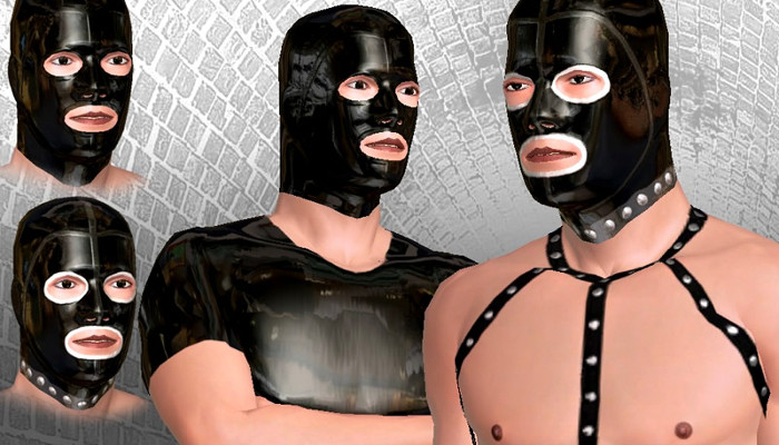 AChat — Three masked adult avatars in dark leather-themed clothing.