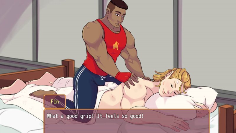 Burning Horns: A Bara Isekai JRPG — Illustrated adult man resting beside a bed in a visual-novel scene — Burning Horns game screenshot.