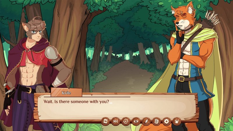 Burrow of the Fallen Bear — Furry visual novel dialogue with two animal characters in woodland — Burrow Of The Fallen Bear game screenshot.