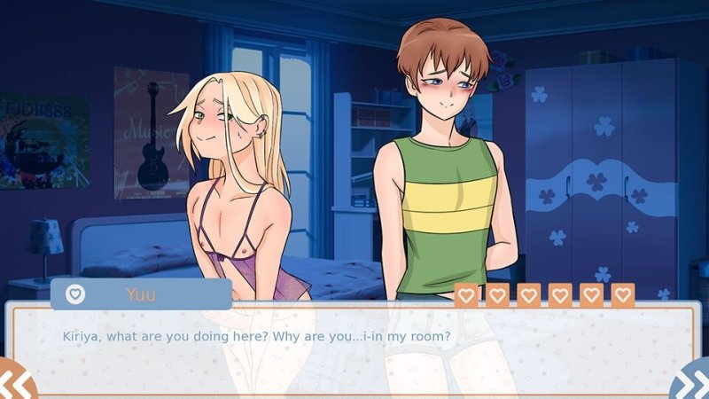 Cross Love (Ep.1) — Anime visual-novel dialogue scene with two illustrated characters indoors — Cross Love Ep1 game screenshot.