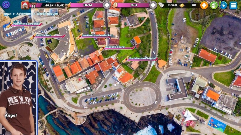 Gay Pornstar Harem — Overhead browser game city map and icons — Gay Pornstar Harem game screenshot.