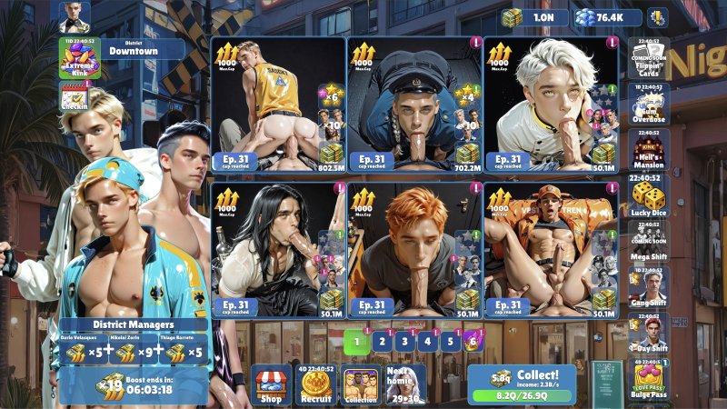 Idle Studs — Male character cards on an adult idle game interface — Idle Studs game screenshot.