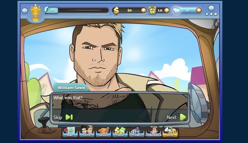 Men Bang — Cartoon male character speaking in a dating game dialogue interface — Men Bang game screenshot.