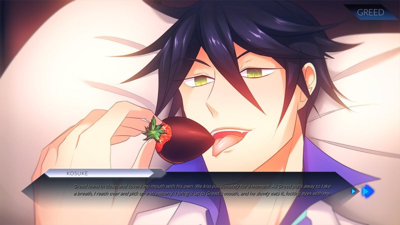 Sinsations — Anime-style adult male character portrait with romance dialogue — Sinsations game screenshot.